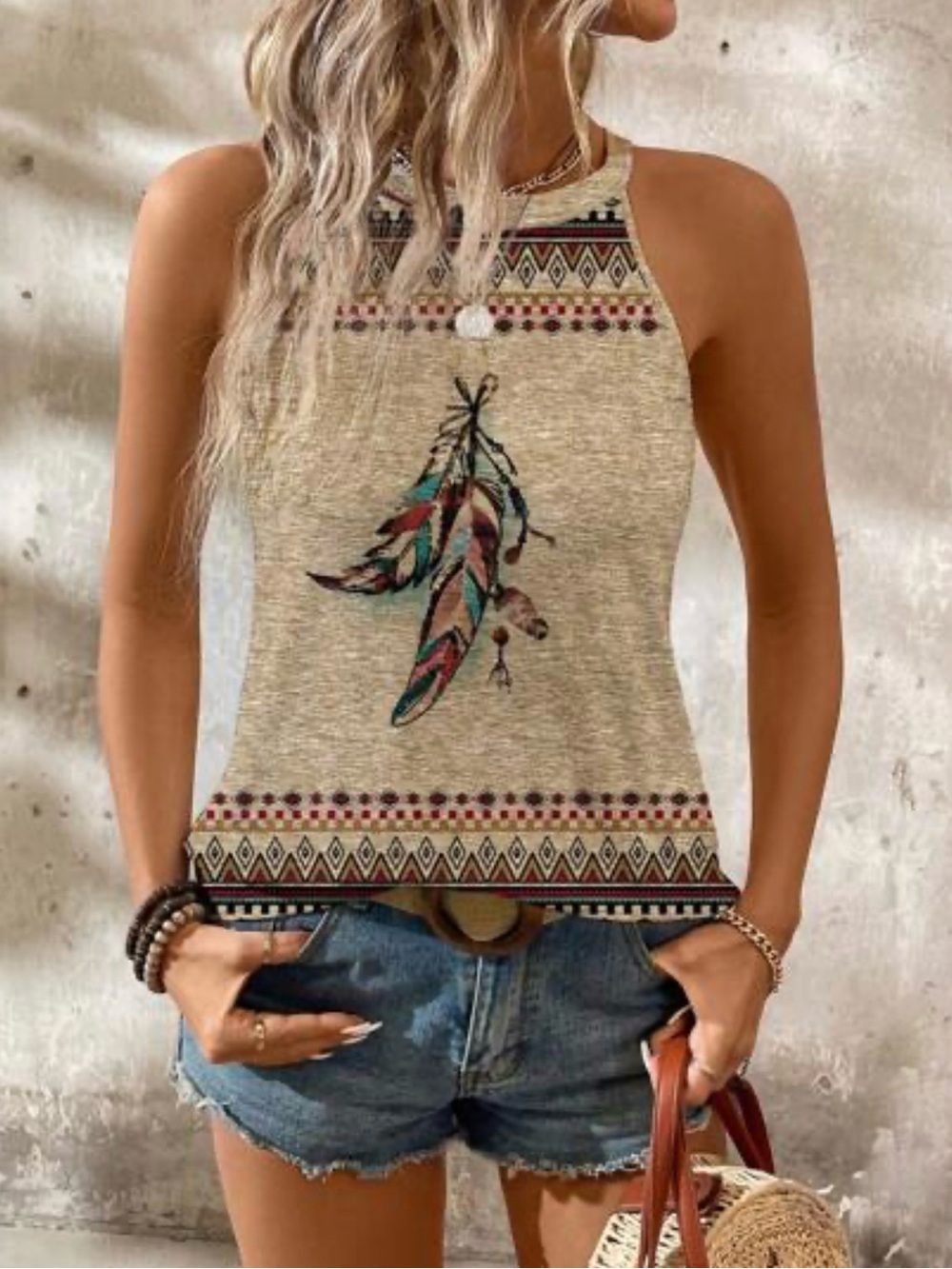 Beige Tribal Feather Halter Tank Top